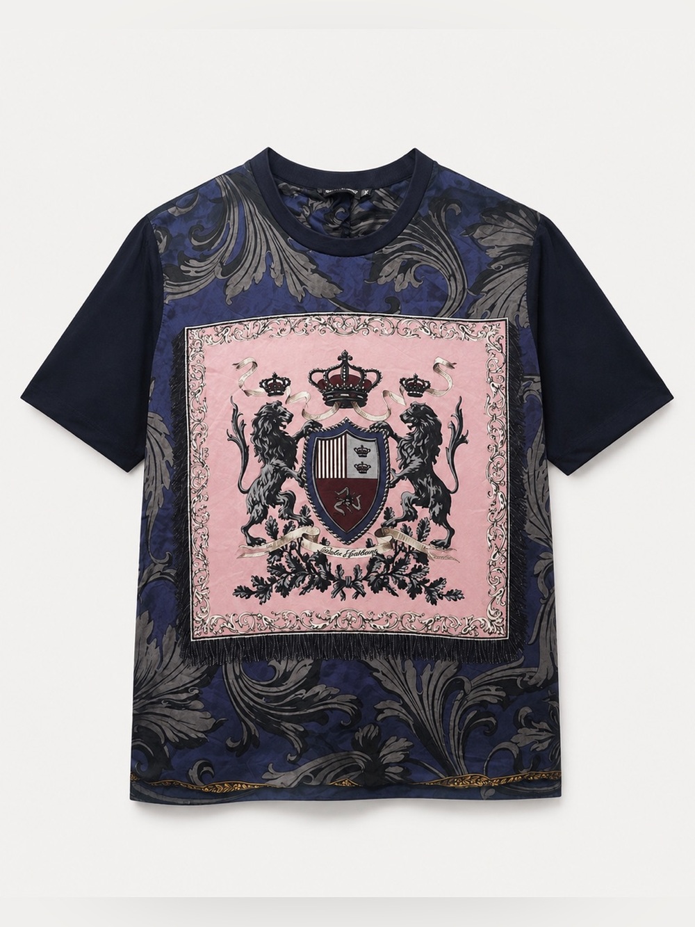 Dolce & Gabbana Baroque Crest Graphic T-Shirt Blue Pink Silk Blend Tee 56 XL